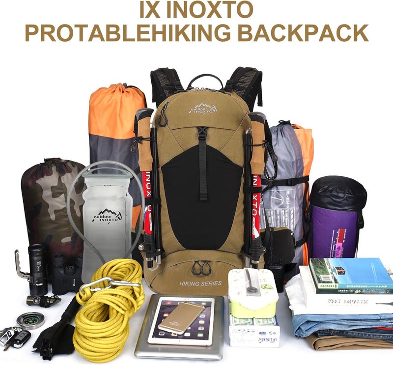 INOXTO حقيبة ظهر IX للمشي، حقيبة ظهر مقاومة للماء مع خزان مياه سعة 3 لتر وغطاء مطري، حقيبة سفر خفيفة للتخييم للرجال والنساء (كاكي) - Image 5